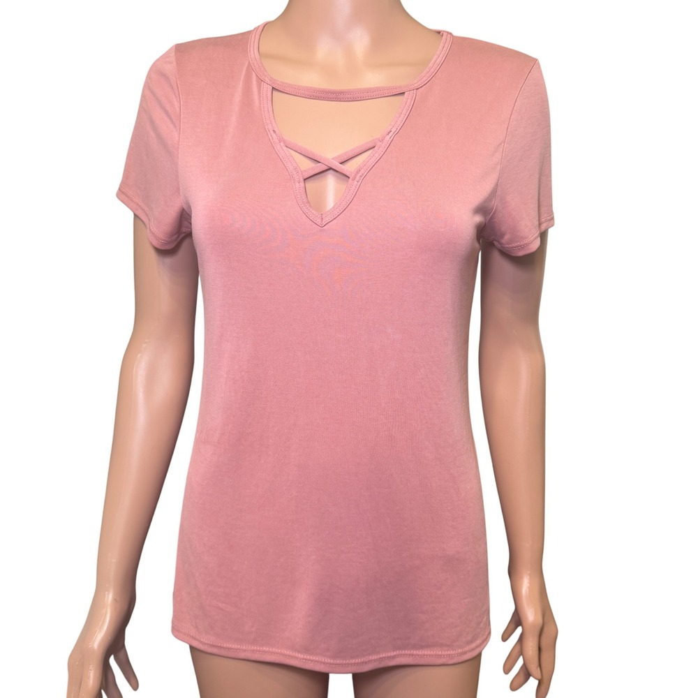 BKE Womens Mauve Pink Cutout Crisscross Strappy Neck Short Sleeve Top Size S